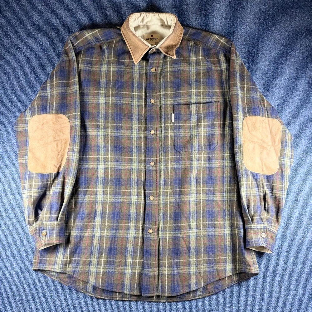 Woolrich Flannel Shirt Mens XL Pit26 Len33.5 Blue Green Plaid Elbow Patch